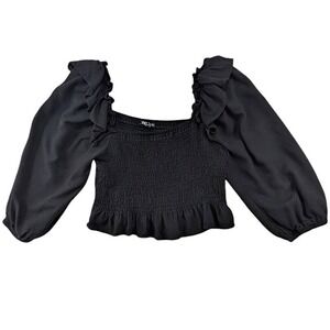 Zara Milkmaid Crop Top Womens M Black Smocked Cottagecore Fairycore Y2K‎ Peasant